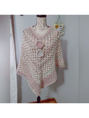 Handmade Crocheted Acrylic/Wool Granny Stitch Poncho with flower detail